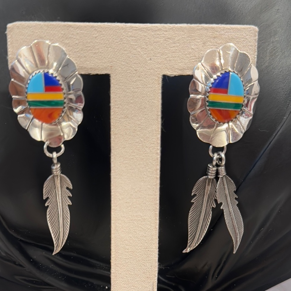 Sterling Native American Southwest Inlay Feather Dangle Earrings